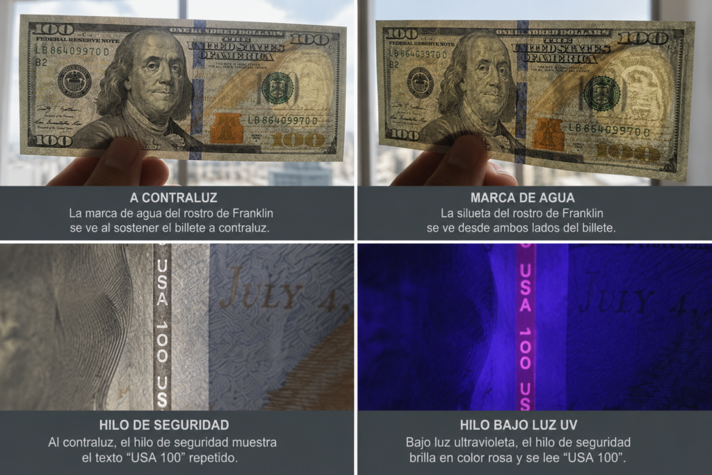 Billete de 100 dólares a contraluz