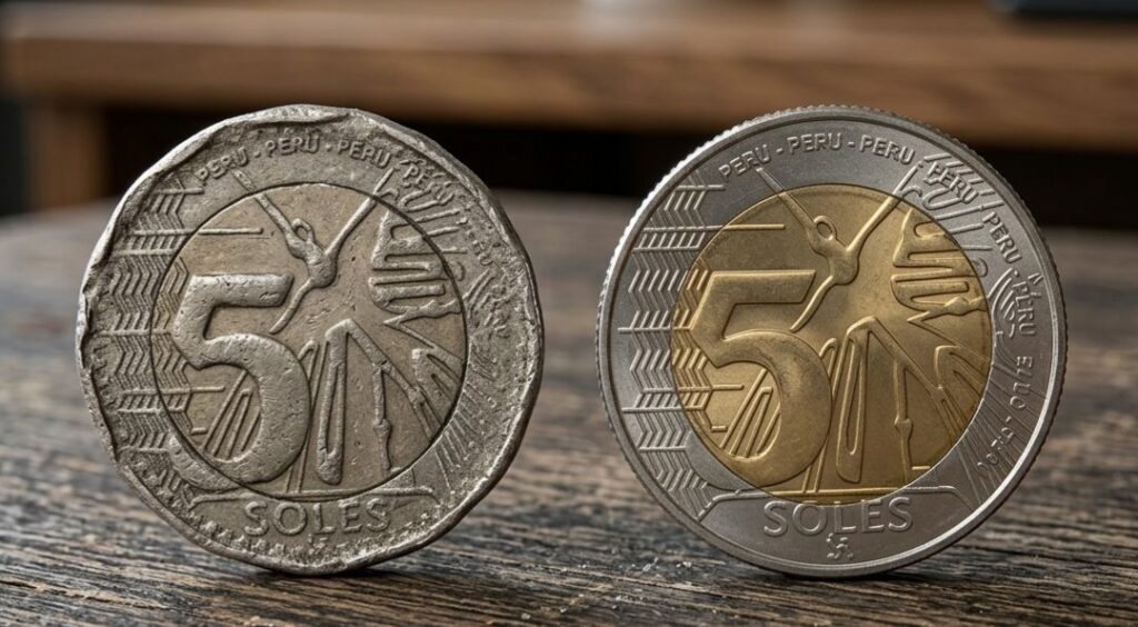 Moneda de 5 soles falsa y verdadera