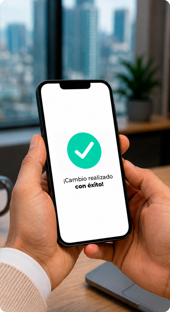 Cliente confirmando cambio realizado con éxito en su celular