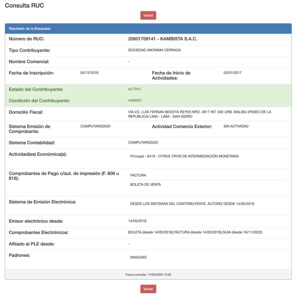 Resultado de consulta RUC en SUNAT